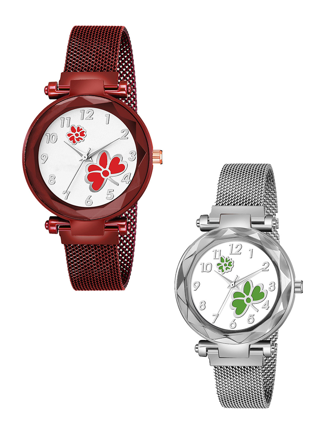 CSAMON Women Pack Of 2 Analogue Watch GR_379 Red 315 Red 379 Silver Green Dial