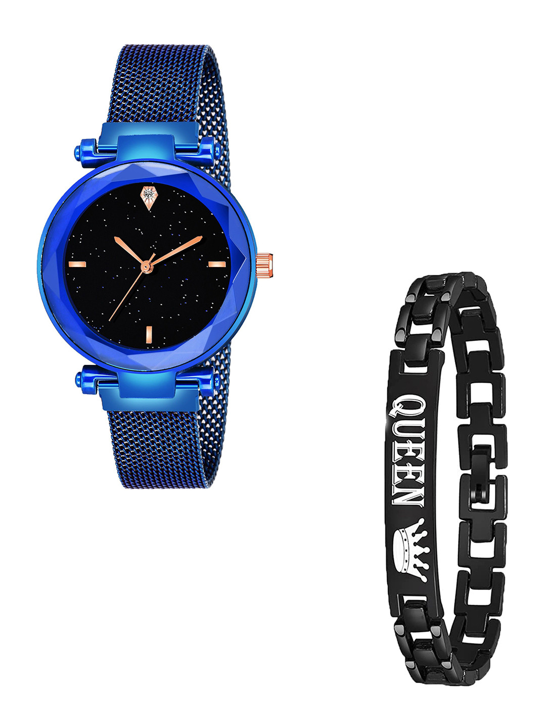 CSAMON Women Analogue Watch with Bracelet GR_379_Blue_4_Black Queen Bracelet