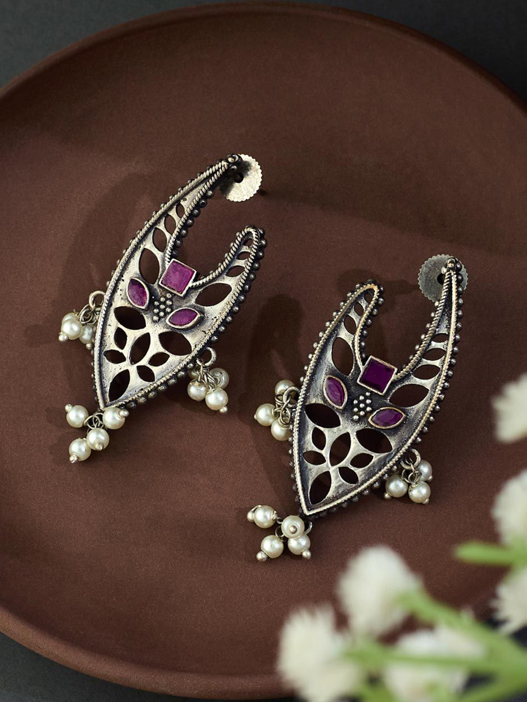 Fabindia Women Leaf Shaped Metal Drop Earrings