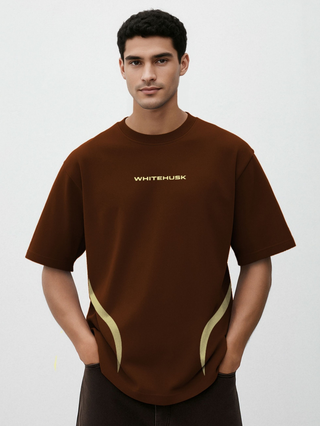 WHITE HUSK Velocity Brown Round Neck Cotton Oversized T-shirt