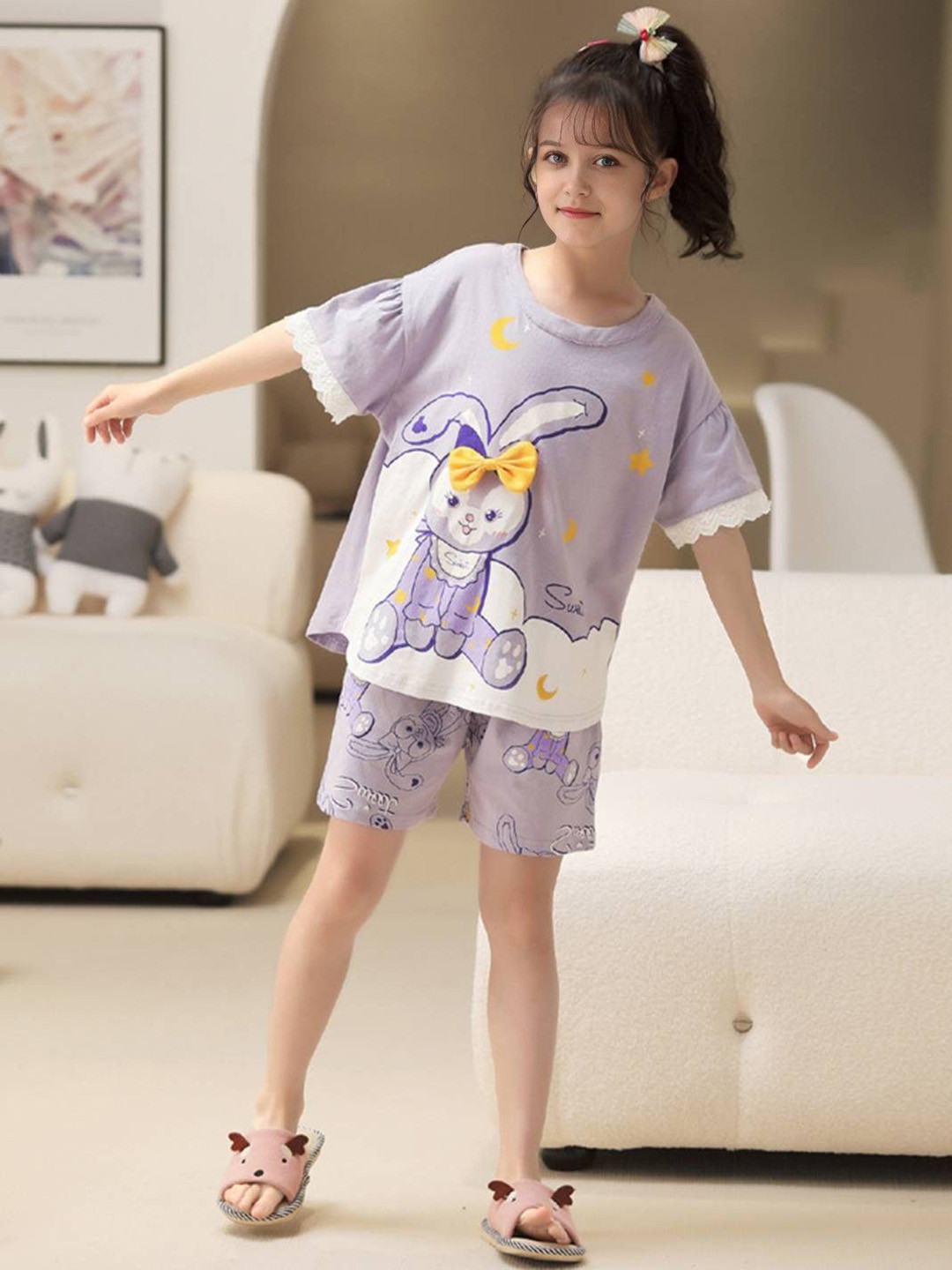 INCLUD Girls Rabbit Cartoon Printed T-shirt & Shorts Night suit