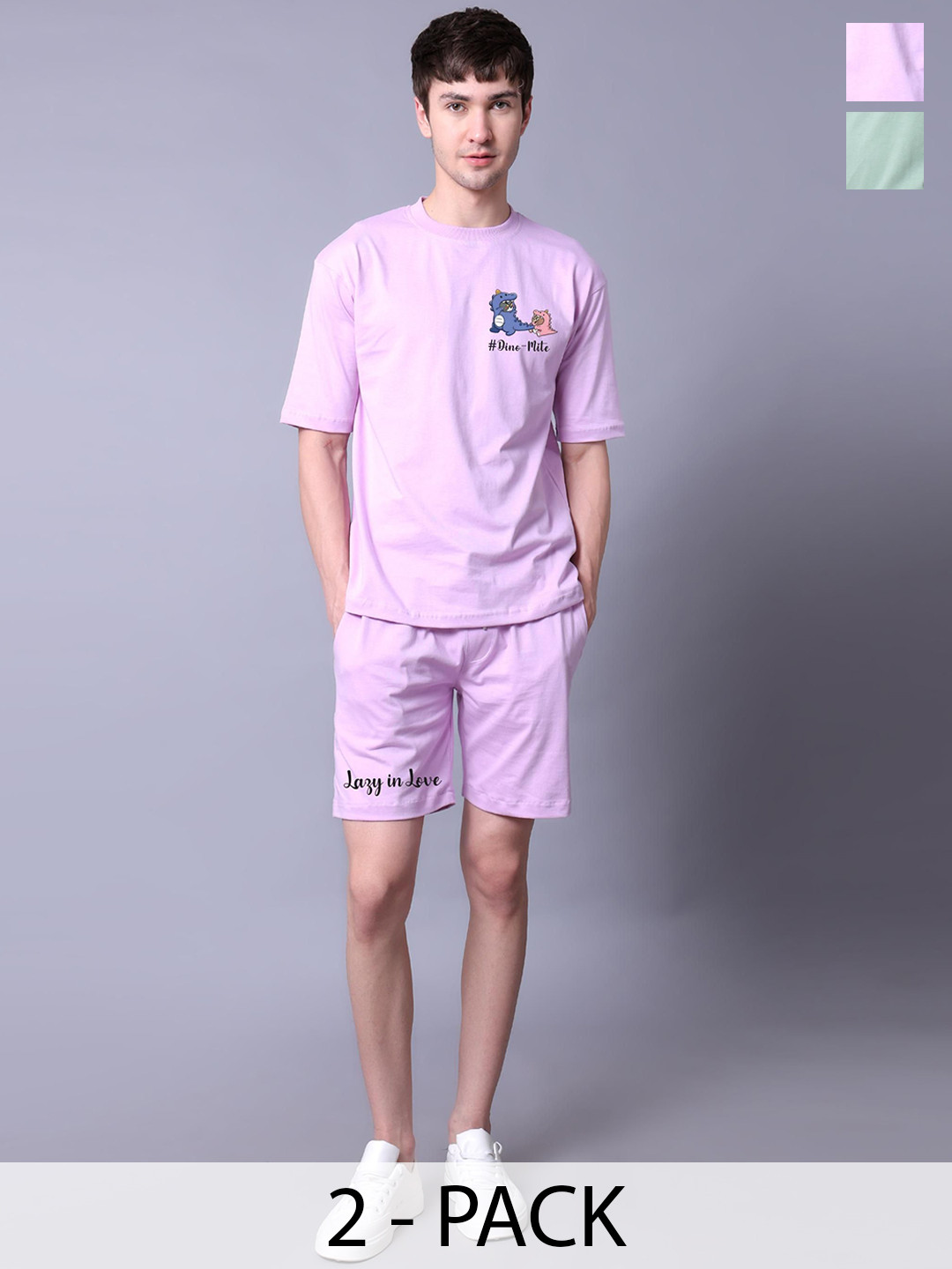 Lazy Lush Pack Of Two Pure Cotton Round Neck Half Sleeves T-Shirt With Shorts Co-Ords