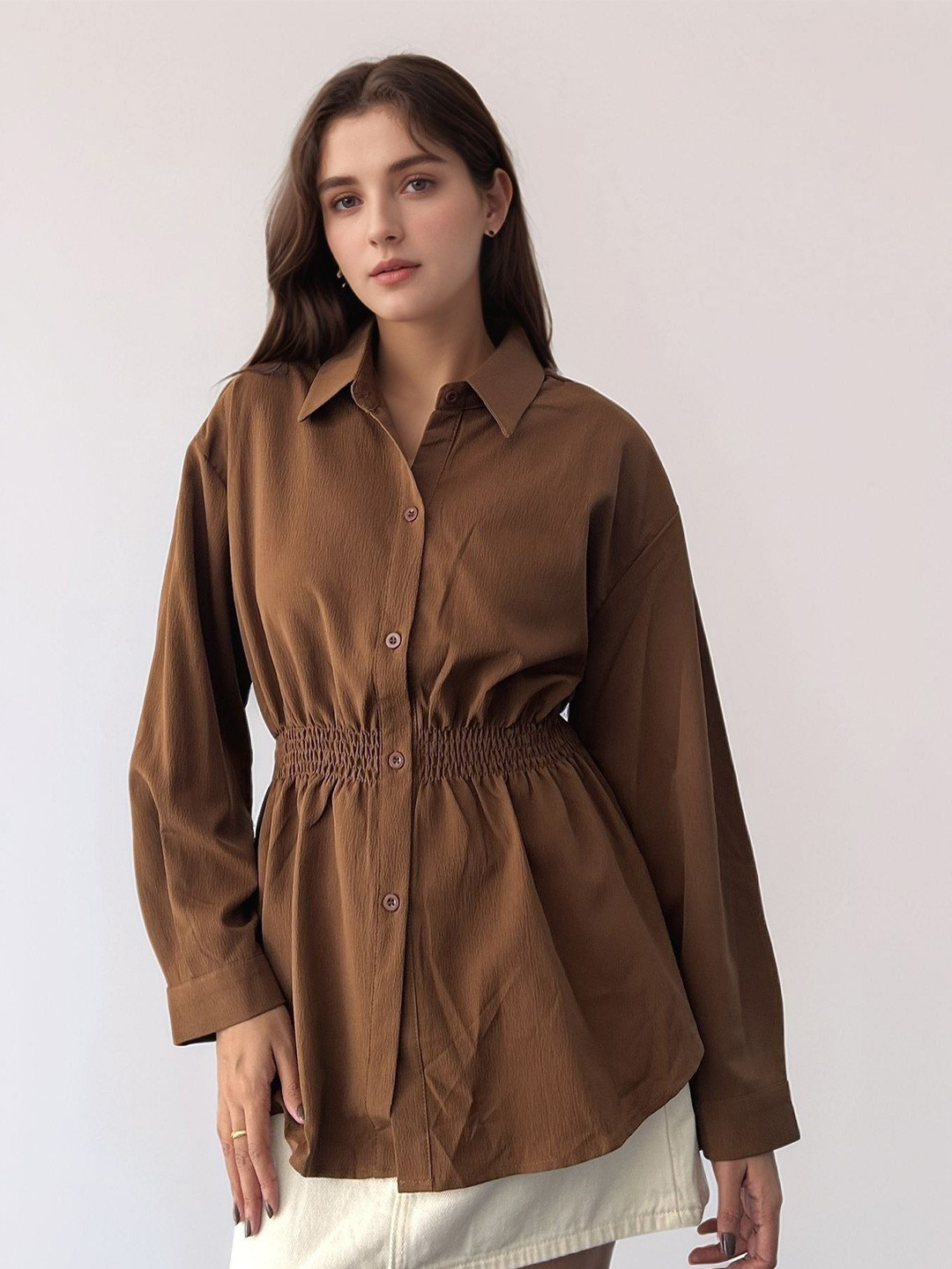 Outzidr Oversized Spread Collar Smocking Shirt