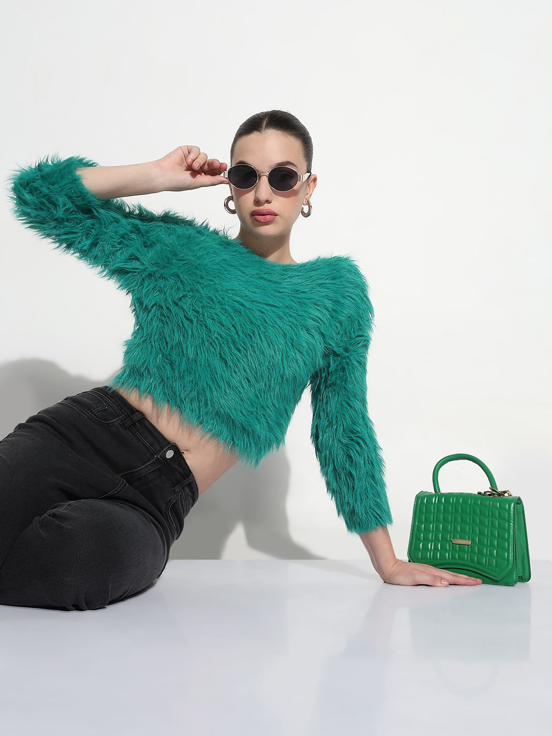 SHOWOFF Women Faux Fur Trim Crop Top