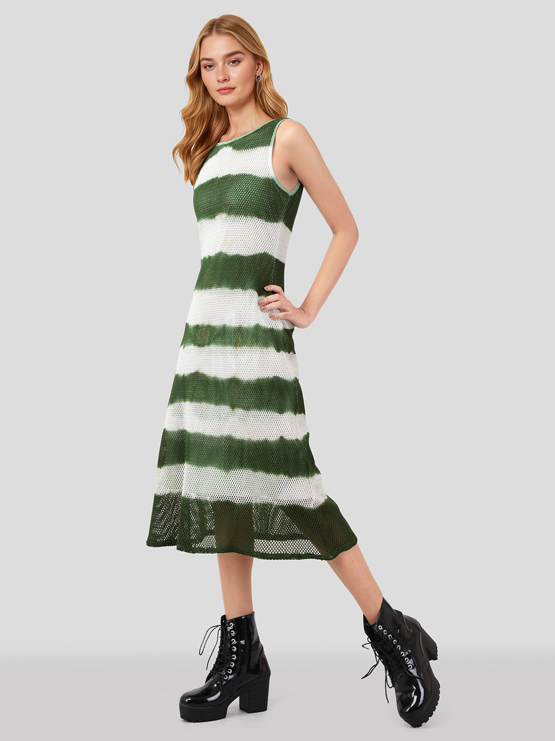 Mast & Harbour Cotton Striped Semi-Sheer Mesh A-Line Midi Dress