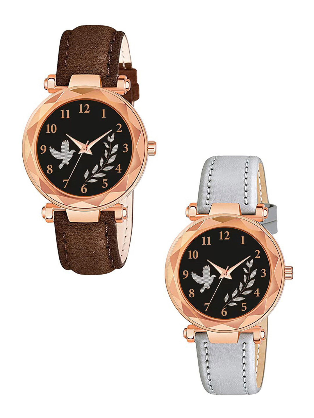 CSAMON Women Pack Of 2 Textured Dial & Straps Analogue Watch GR379RG BIRD BRO Vel GREY L