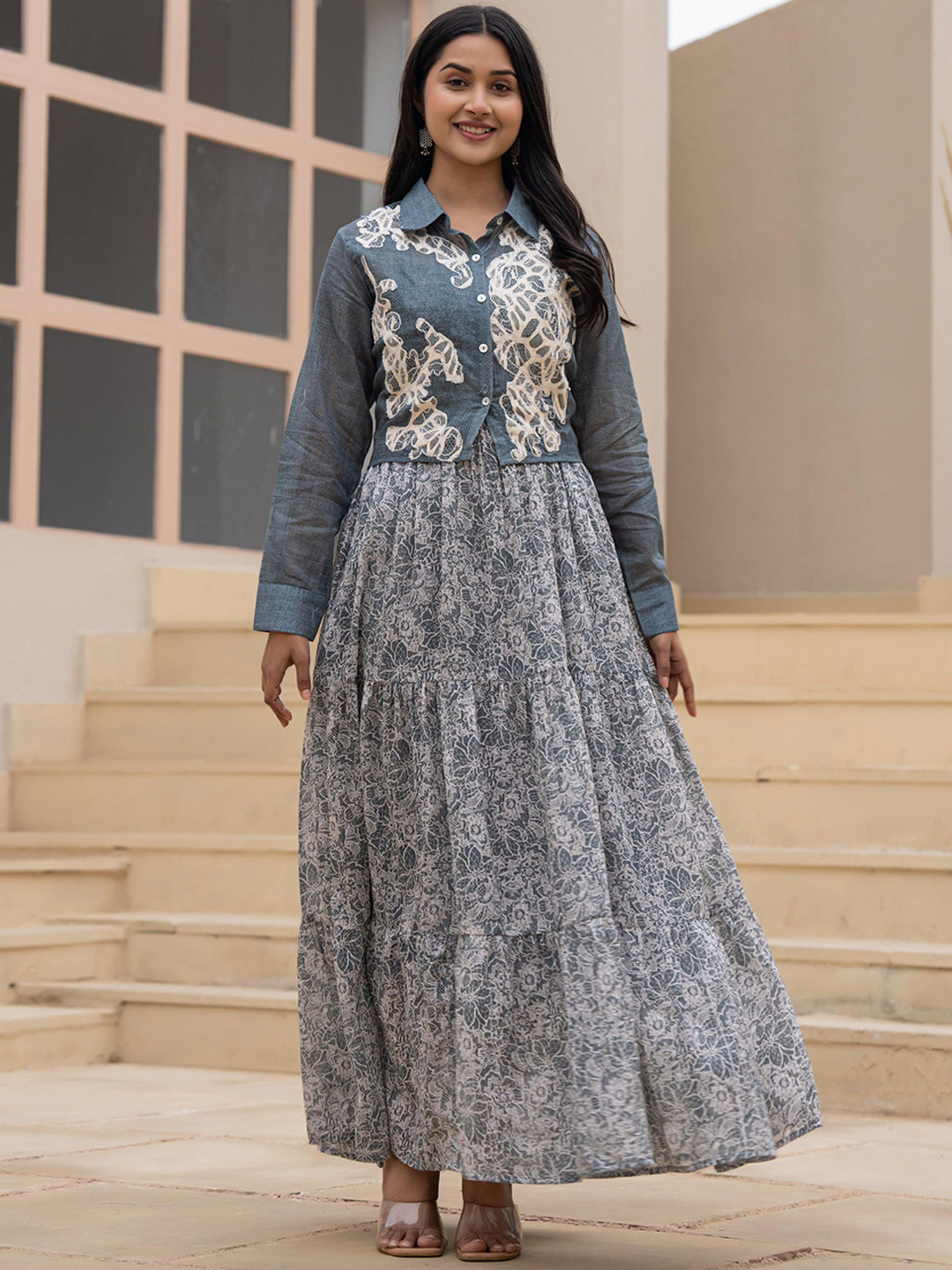 Juniper Embroidery Tiered Floral Maxi Skirt With Jacket