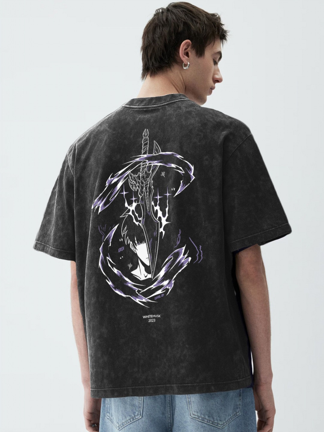 WHITE HUSK Jin Woo Solo Leveling Anime Printed Oversized Cotton T-shirt