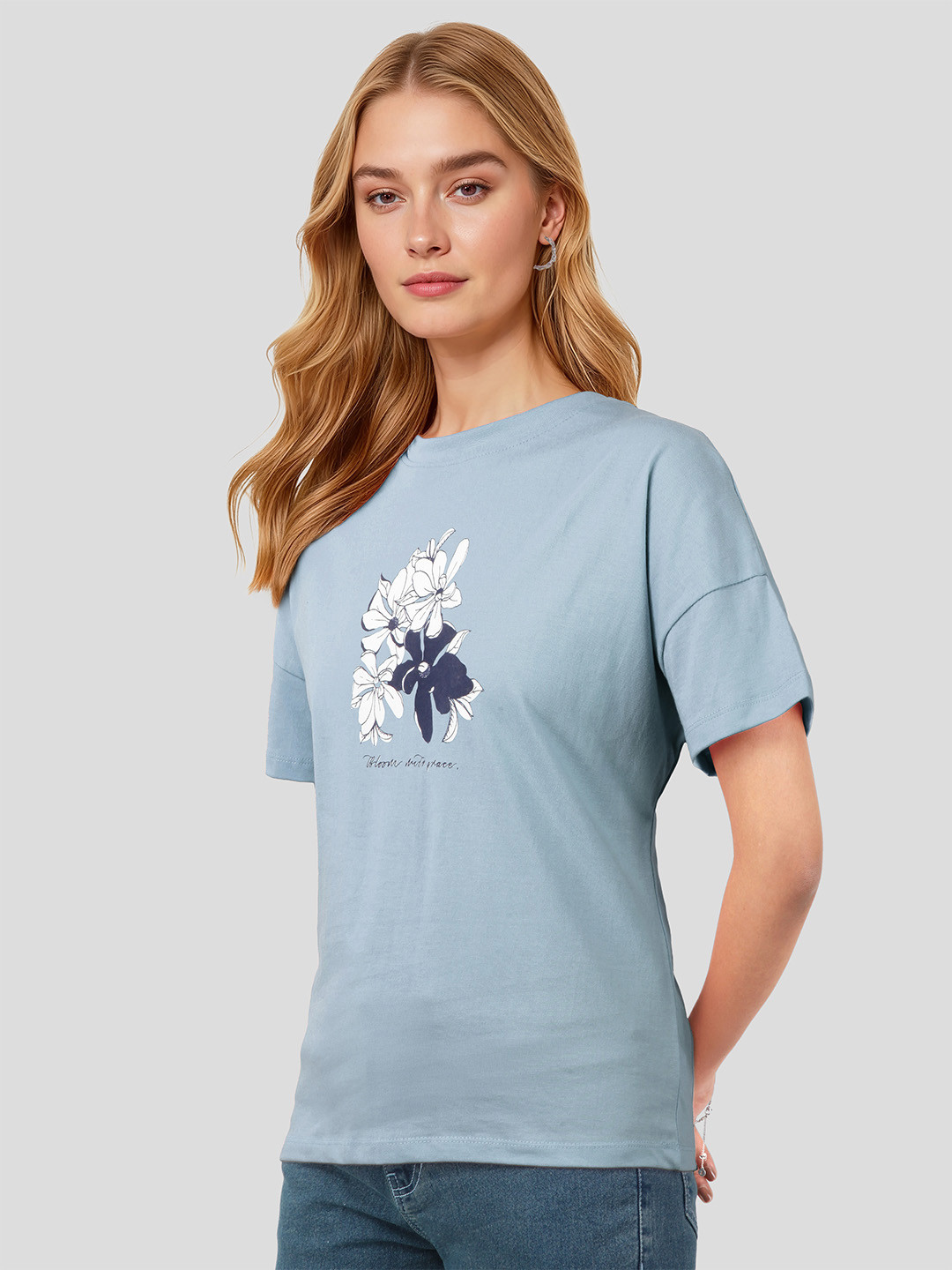 Mast & Harbour Women Floral Printed Drop-Shoulder Sleeves Pure Cotton T-shirt