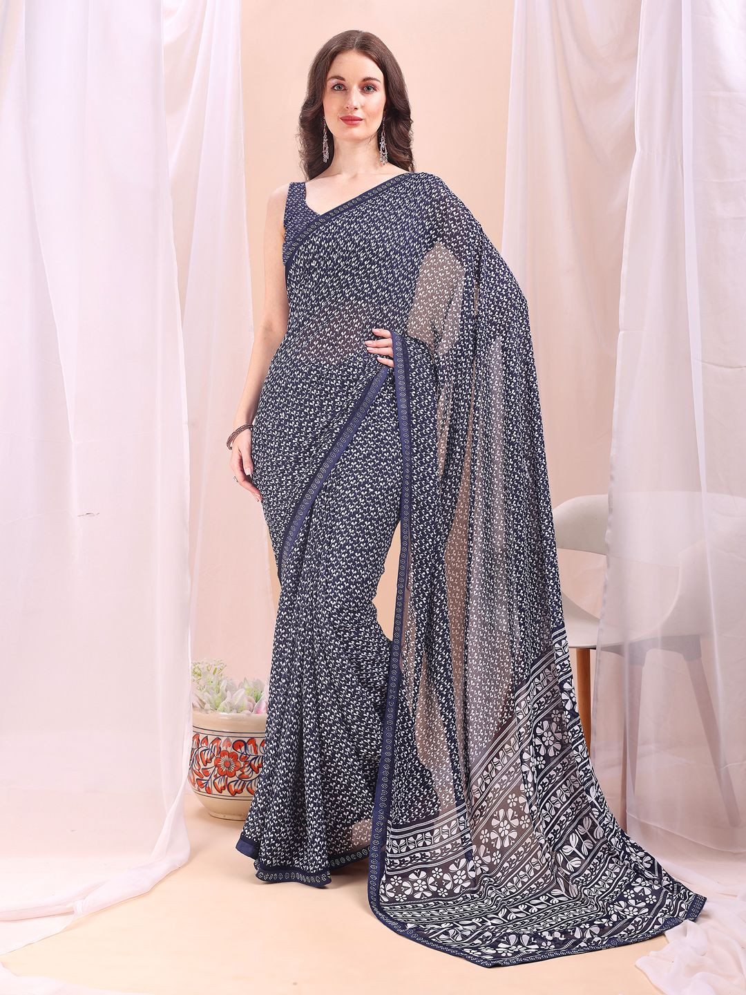 Leelavati Floral Print Beads and Stones Border Pure Chiffon Saree