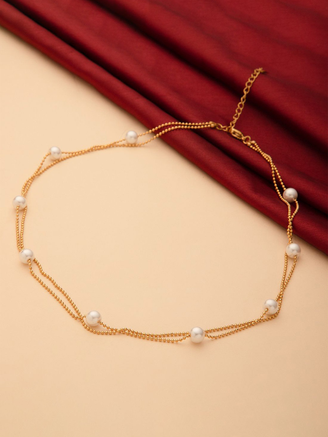 Maasha Stainless Steel Pearls Beaded Dual Layer Chain Minimal Necklace