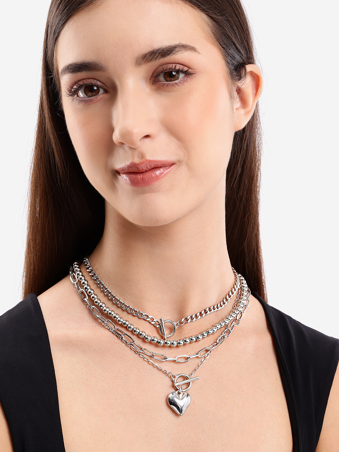 DressBerry Set of 4 Silver Plated Puffed Heart Elognated Link Multilayered Necklace