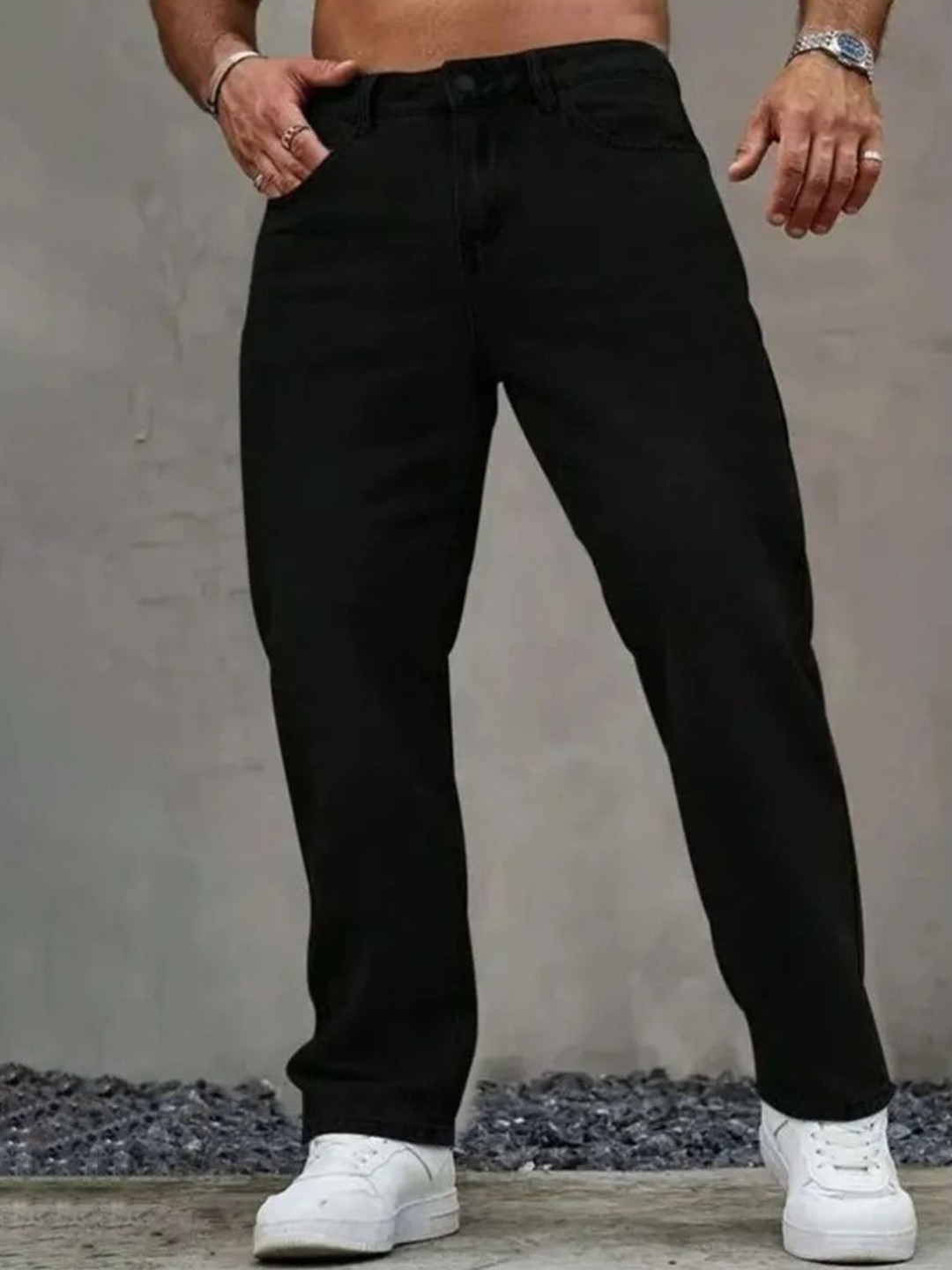 Playfeel Men Jean Baggy Fit Mid-Rise Clean Look Stretchable Denim Jeans