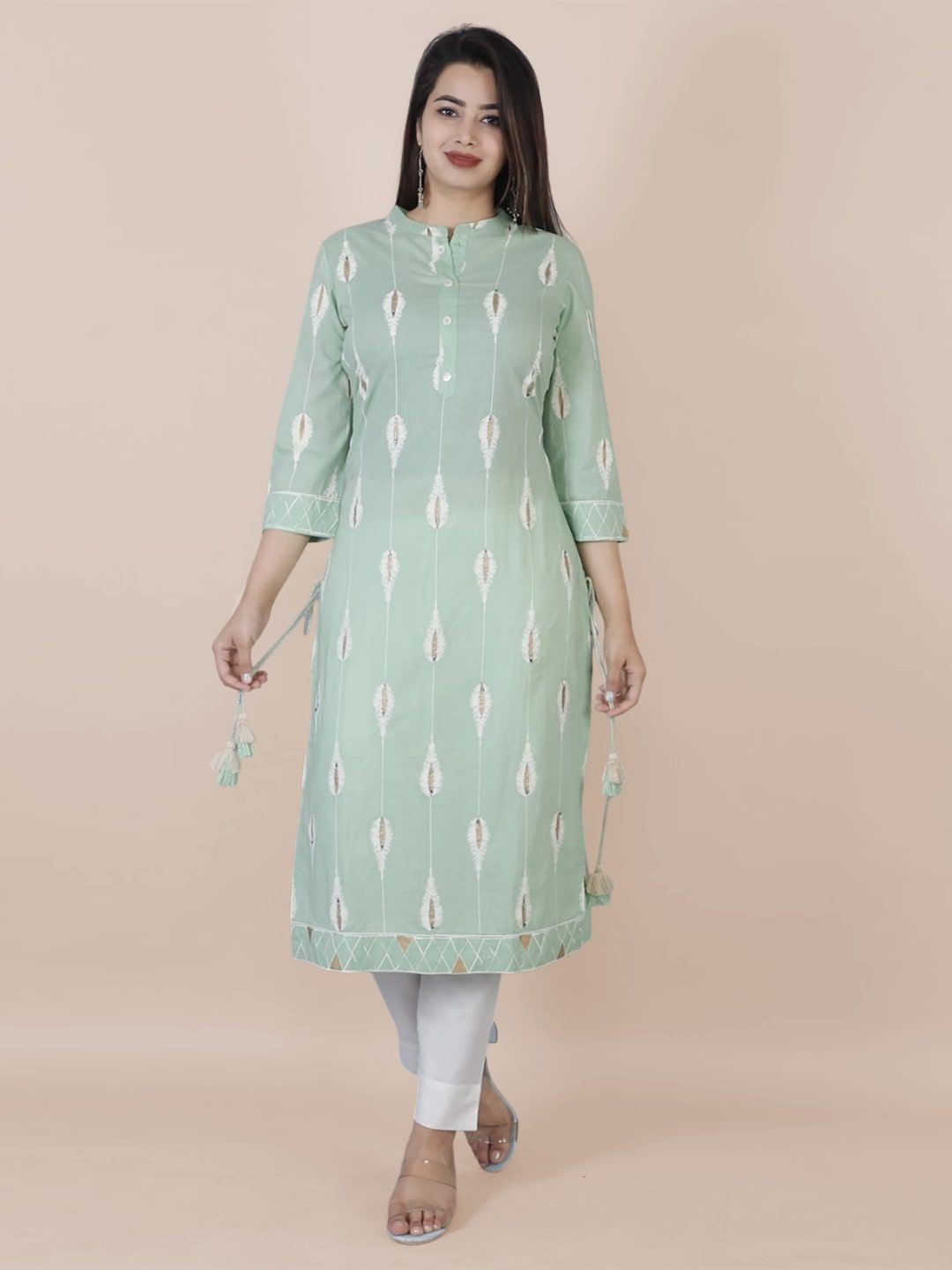 THE FAB FACTORY Women Ethnic Motifs Printed Band Collar Thread Work Crepe Kurta