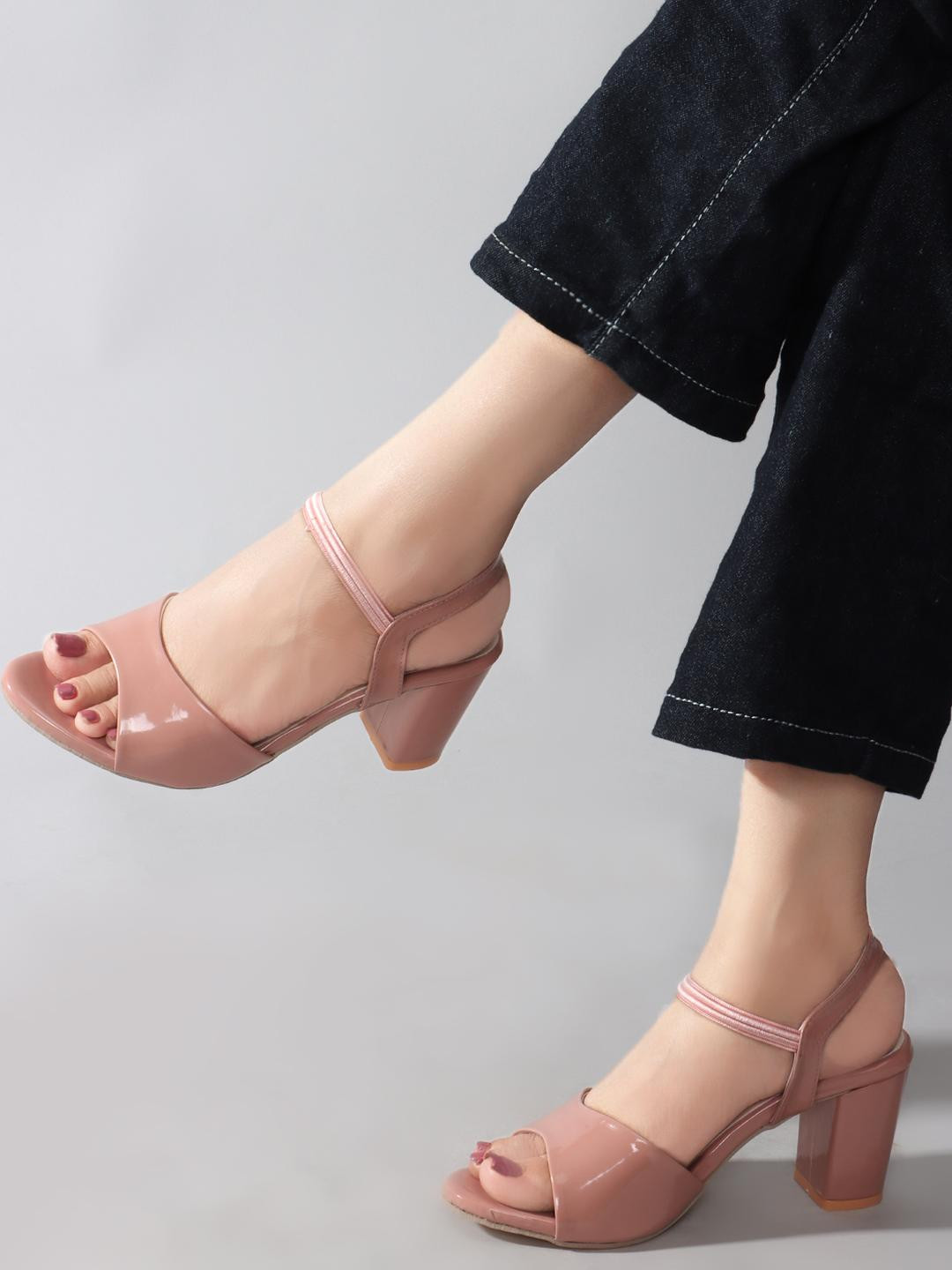 ALBELA Women Peach Synthetic Open Toe Back Strap Block Heels