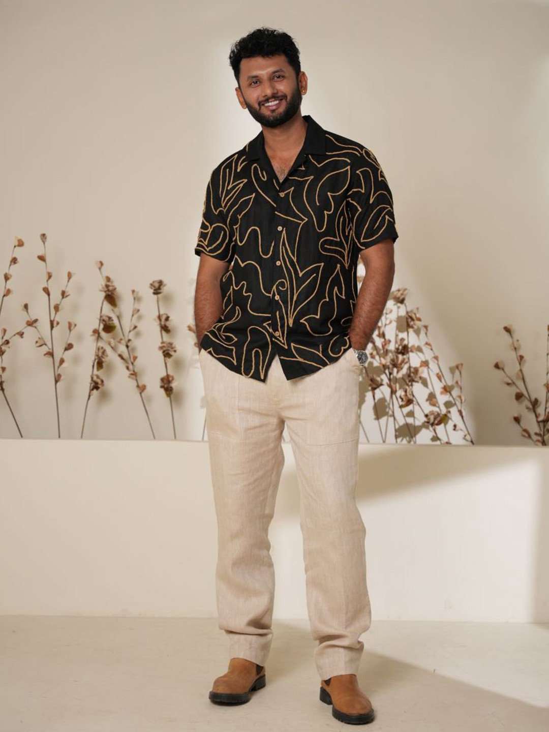 Pratha-house of linen Comfort Floral Printed Spread Collar Linen Shirt