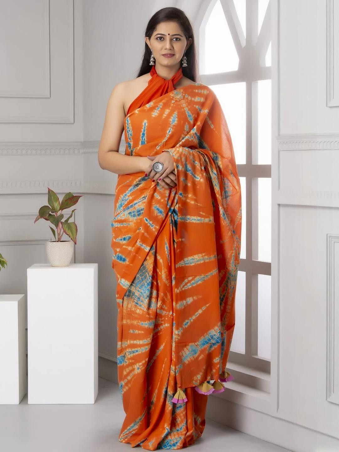 Pinkcity Trade World Orange Pure Cotton Solid Sarees