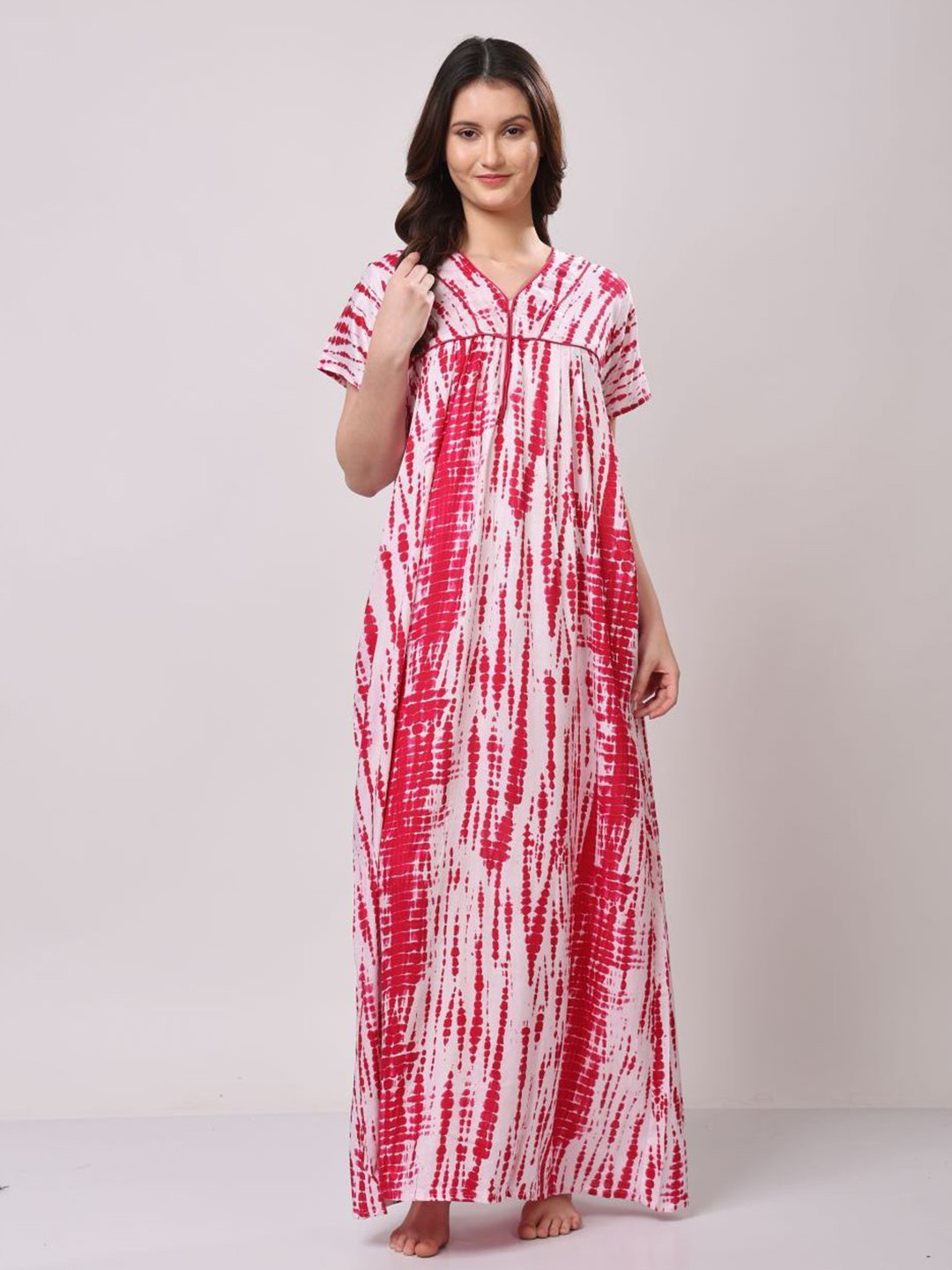 CHUI MUI Women Tie and Dye Printed V-Neck Maxi Nightdress