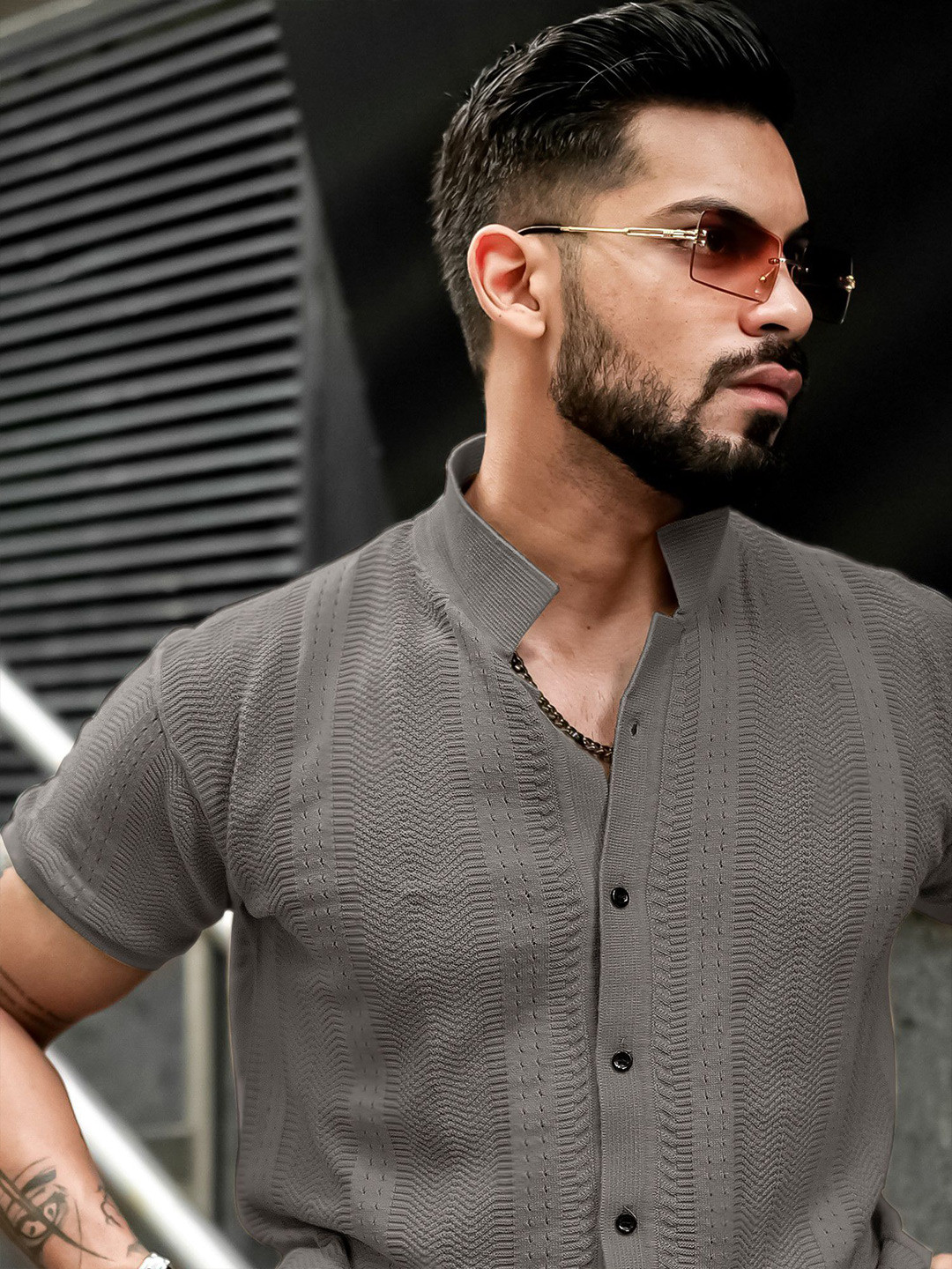 Maniac Self Design Textured Comfort Spread Collar Cotton Slim Fit Shirt