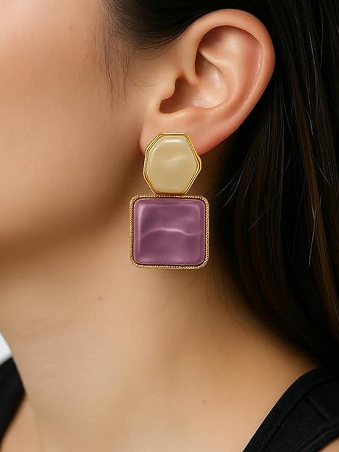 Inara Robes Women Purple & Gold-Plated Square Studs Earrings