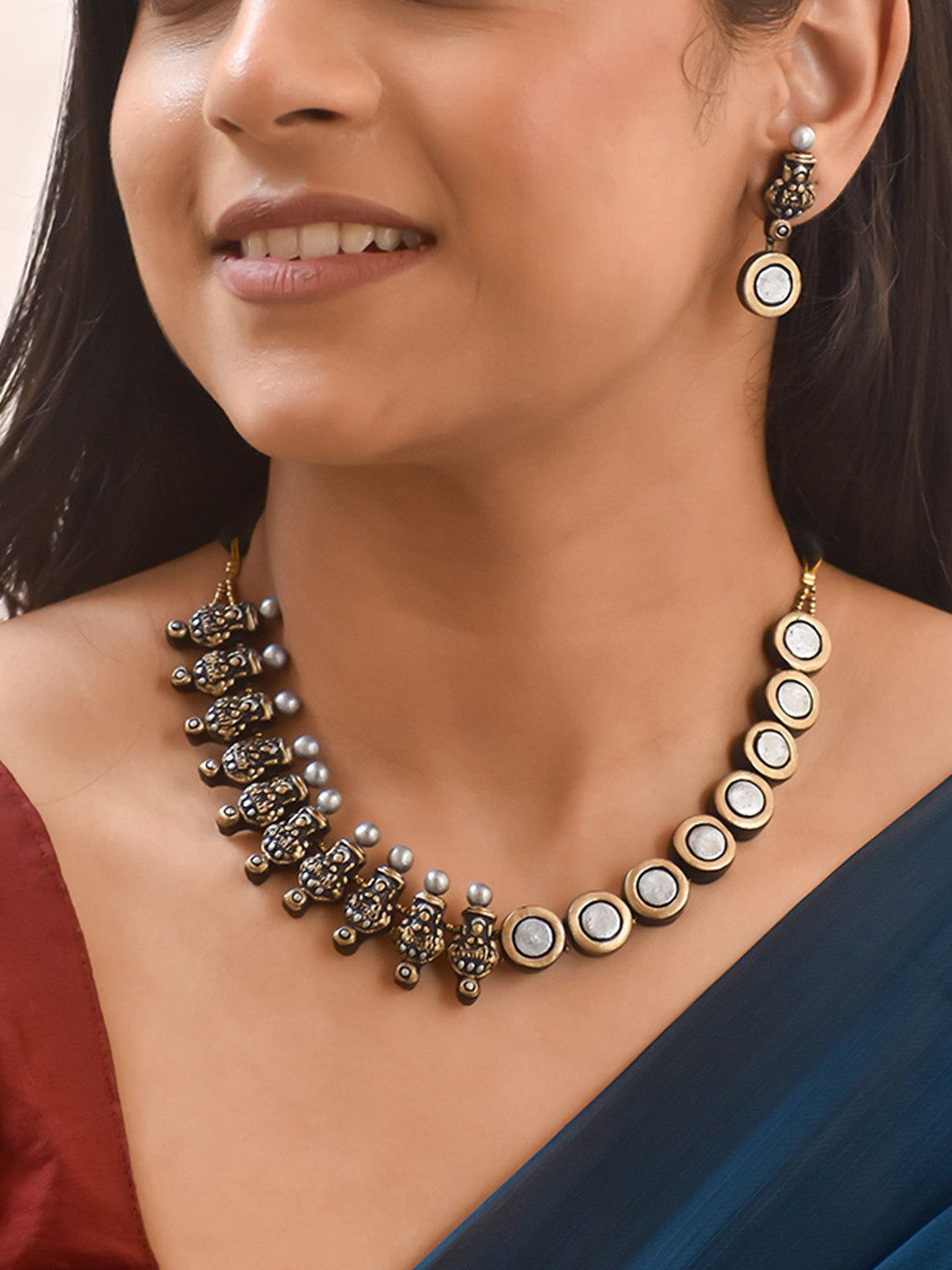 JUMKEY Terracotta Necklace and Earrings Jewellery Set