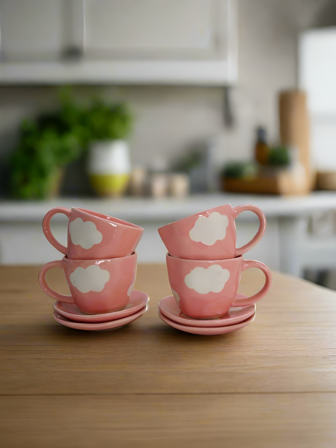 Bon Homey Pink & White 8 Pieces Printed Cups and Saucers 200ml