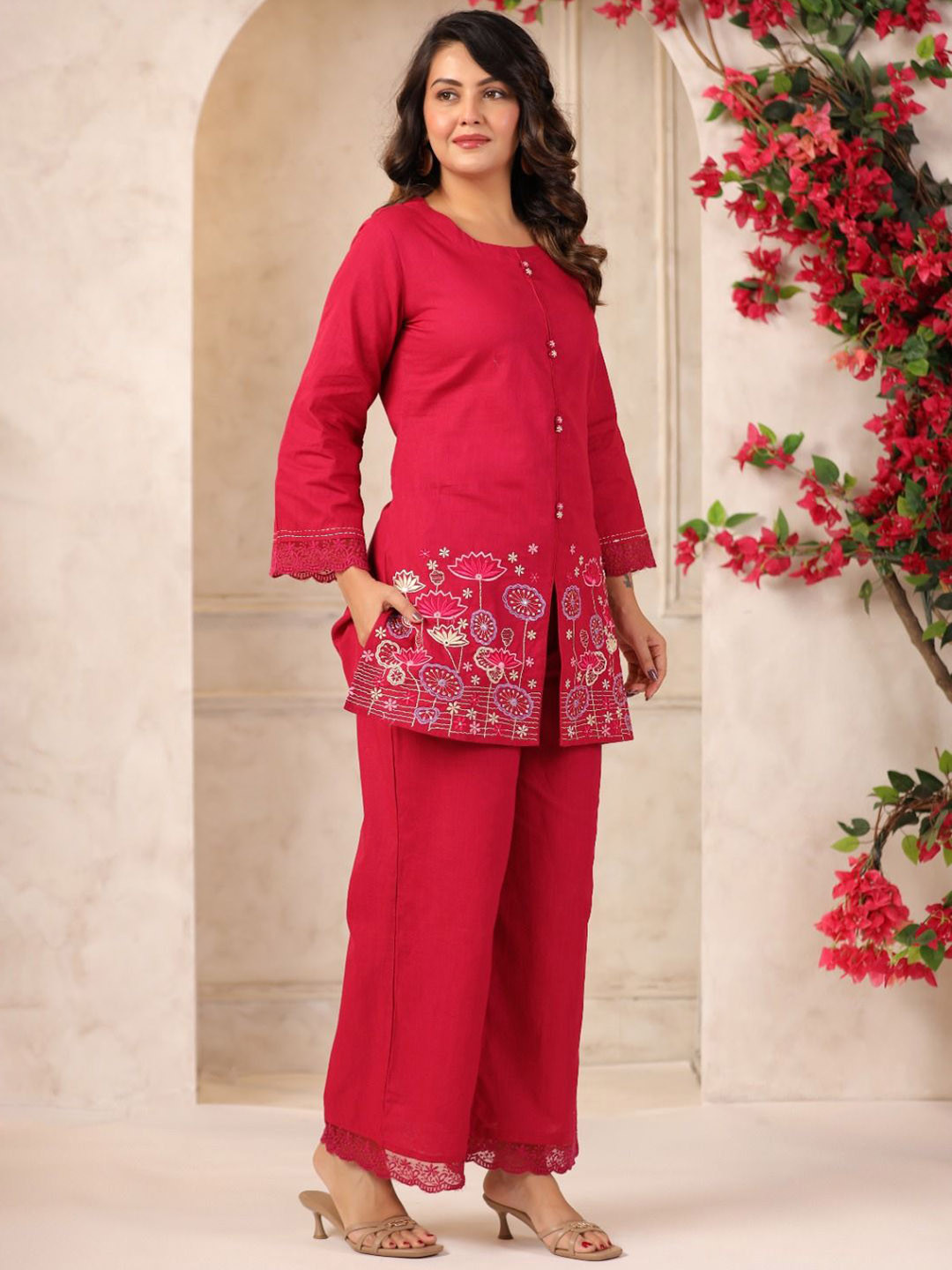 AUTUMN LANE Mahua Carmine Embroidered Round Neck Pure Cotton Tunic With Trouser