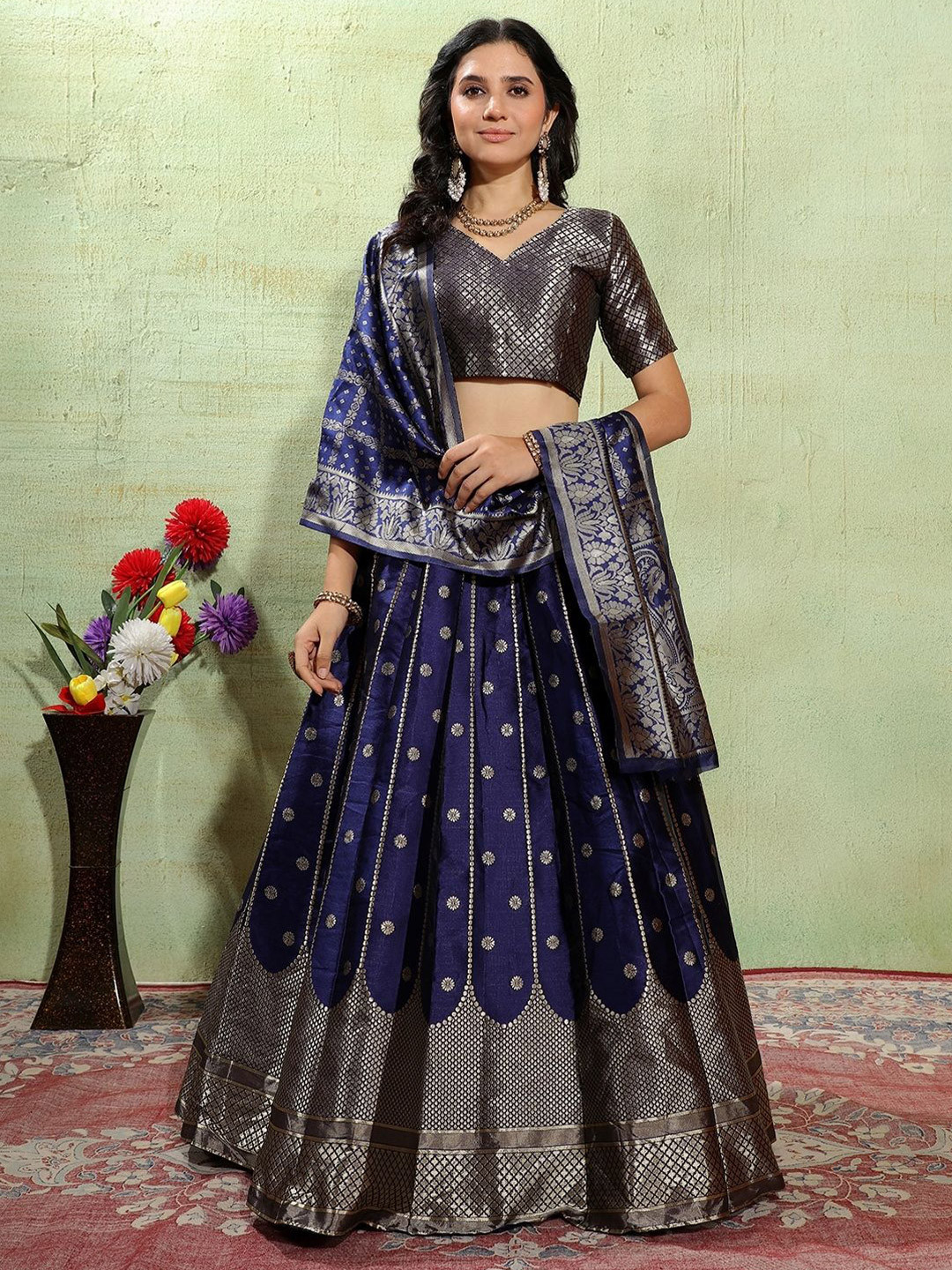 SWAMI STUDIO Woven Design Zari Work Semi-Stitched Silk Lehenga & Blouse With Dupatta