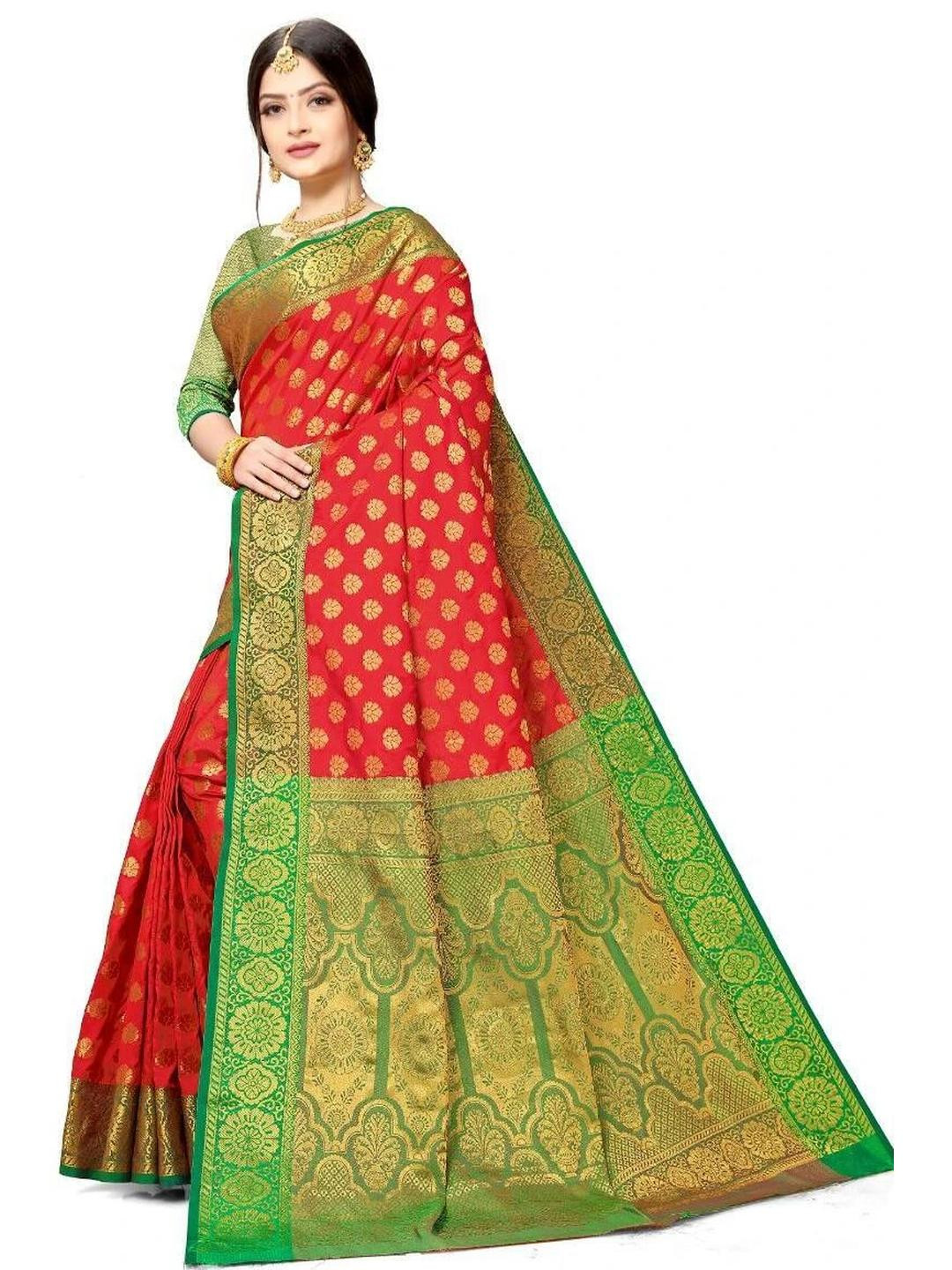 AKSH FASHION Red Silk Blend  Sarees