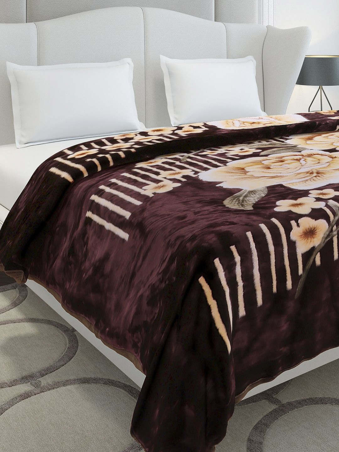 Monte Carlo Marshal Maroon & Pink Floral Printed Heavy Winter Double Bed Blanket 852 GSM