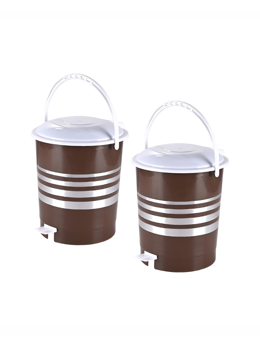 Aura 2 Pieces Brown & White Striped Pedal Bucket Bins With Handle 10L Each