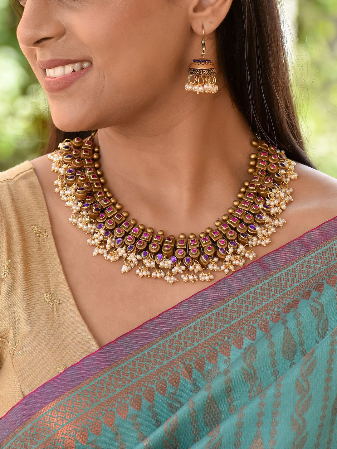 JUMKEY Terracotta With Kundan Stones Studded & Beaded Jewellery Set