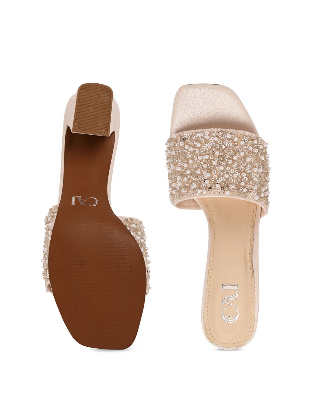 CAI Silver White Beaded Block Heel Sandals