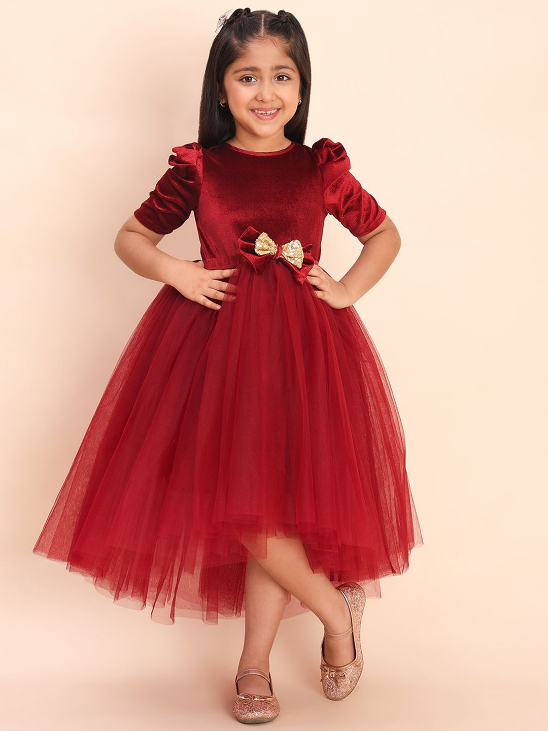 Toy Balloon kids Solid Puff Sleeves Fit & Flare Knee Length Dress With Bow