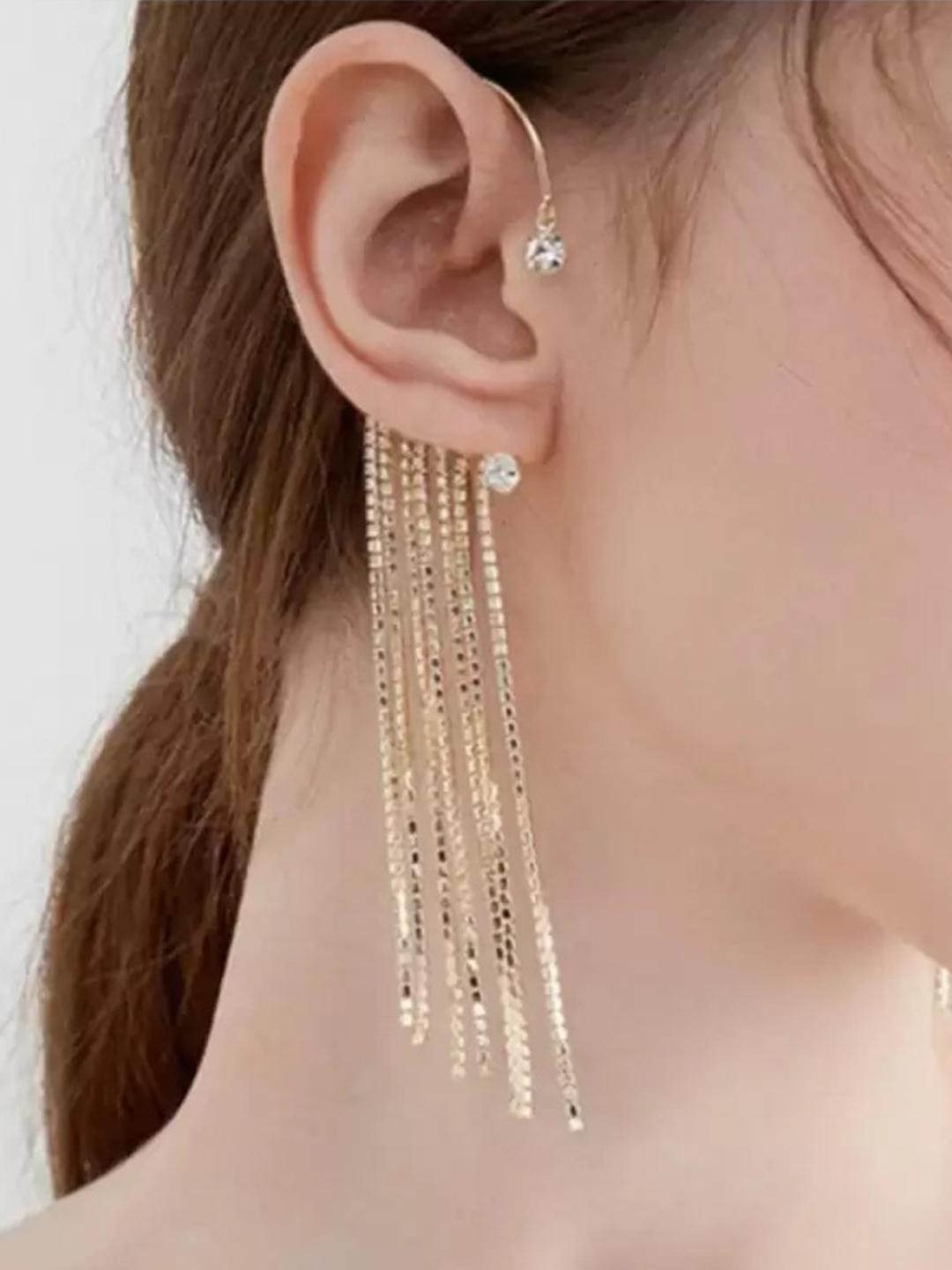 TheVineGirl Women Korean Golden Chain Tassels American Diamond Ear Cuff Earrings