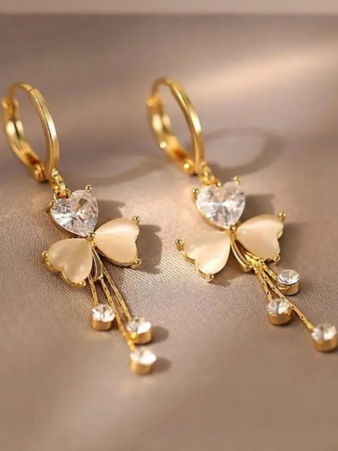 Khusha Creations Golden Heart Floral with Crystal Tassel Drop Earrings