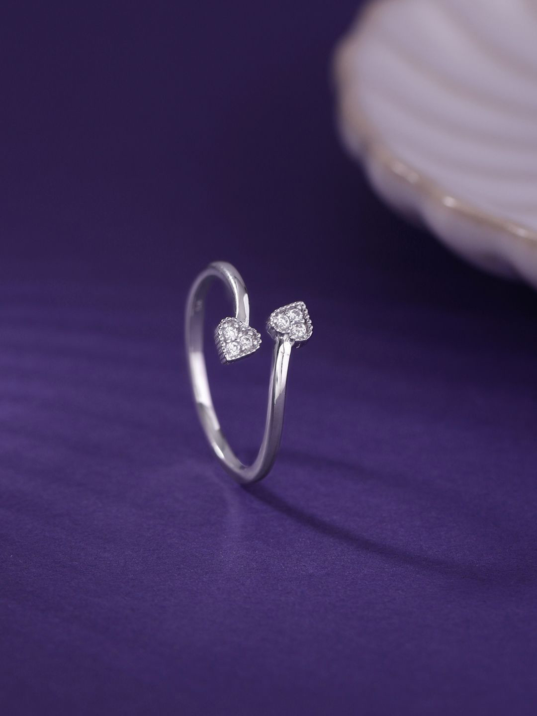 RACHIVA 925 Sterling Silver Rhodium-Plated Double Heart Shaped Open Ring