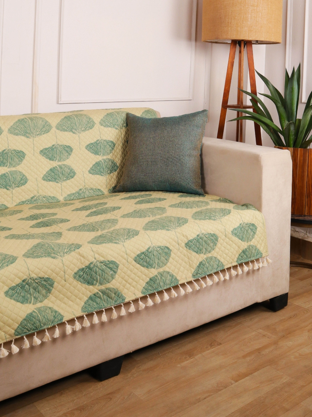 STITCHNEST Green & Beige Leaf Printed Velvet Straight 2 Seater Sofa Cover