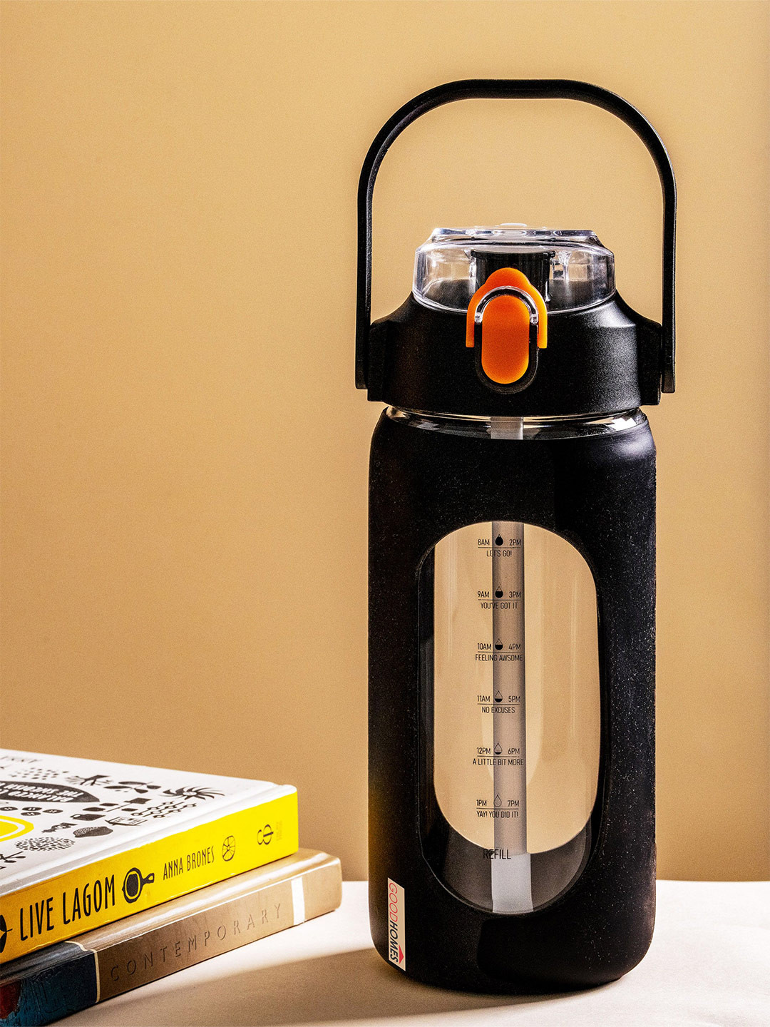 GOODHOMES Transparent & Black Typography Printed Glass Water Bottle With Sipper-1L