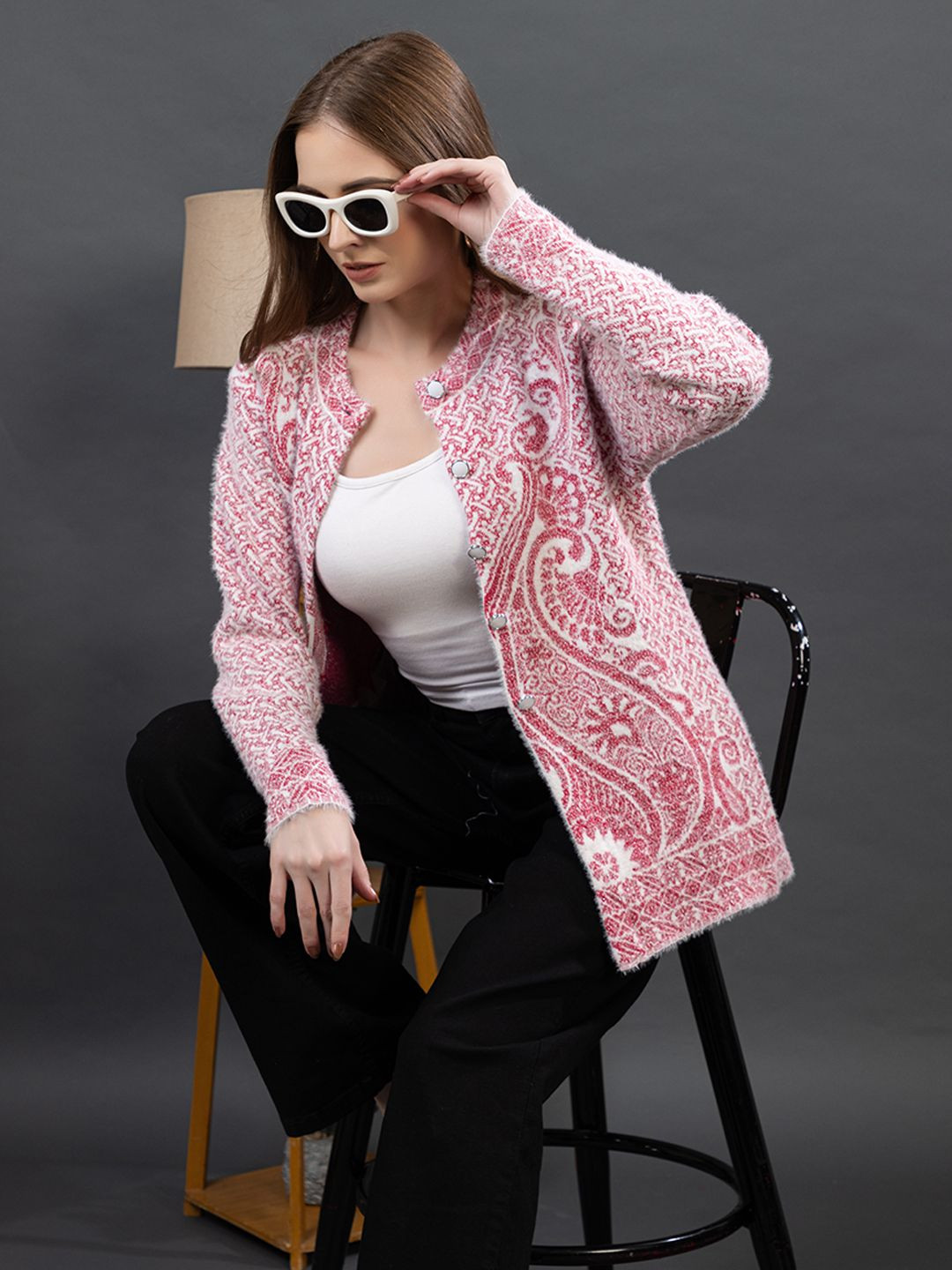 Dadu Dayal Women Ethnic Motifs Self Design Woollen Cardigan