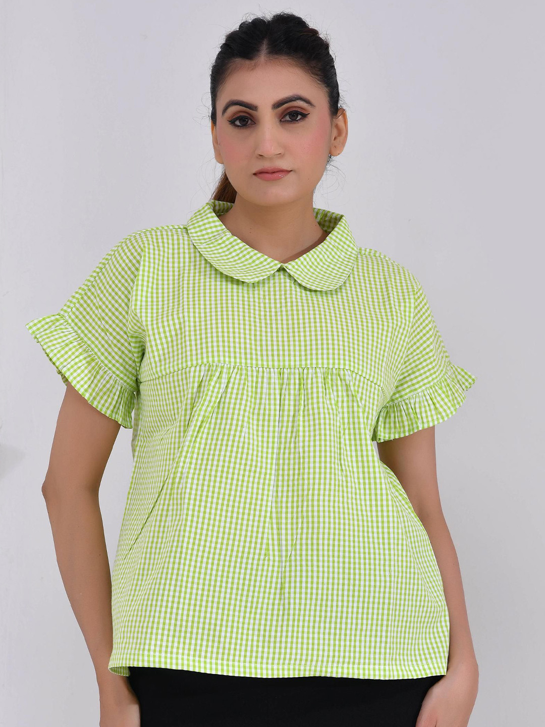 SIDDHO HUM Women Checked Flutter Sleeves Empire Cotton Top