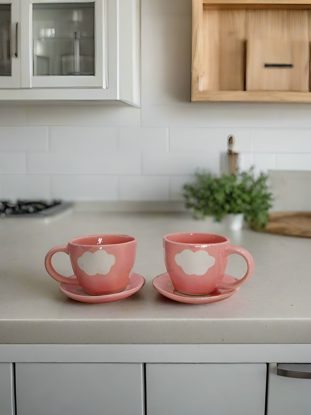 Bon Homey Pink 4 Pieces Printed Ceramic Dishwasher and Microwave Safe Tea Set