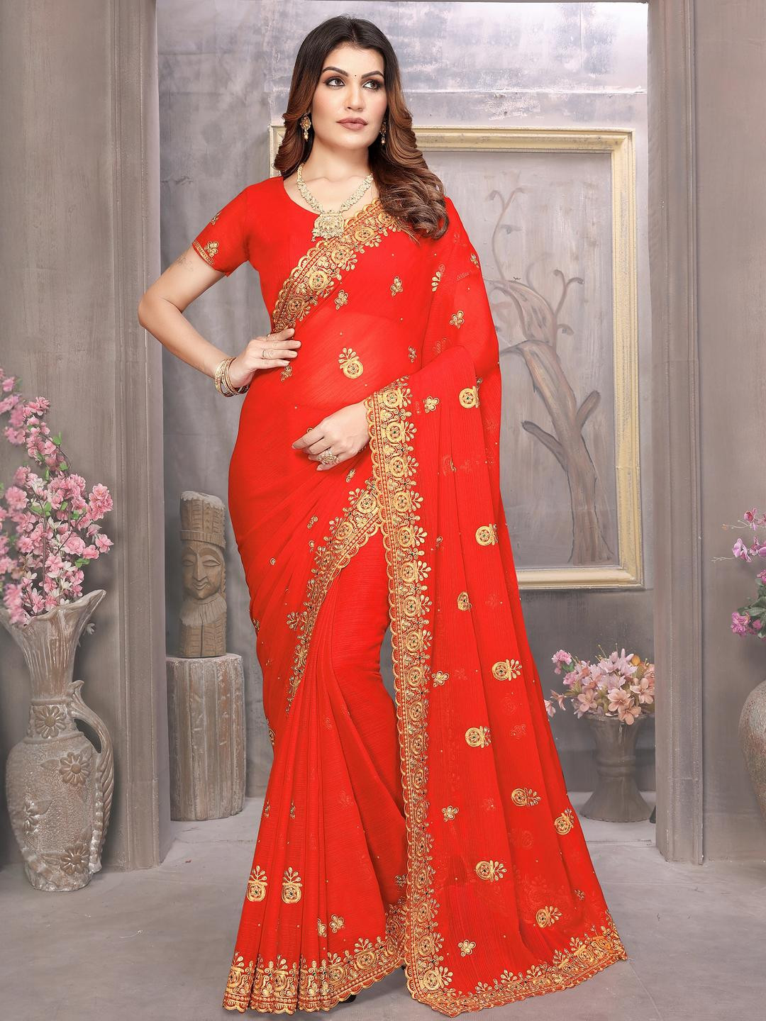 KHRITI FAB Orange Embroidered Pure Georgette Sarees