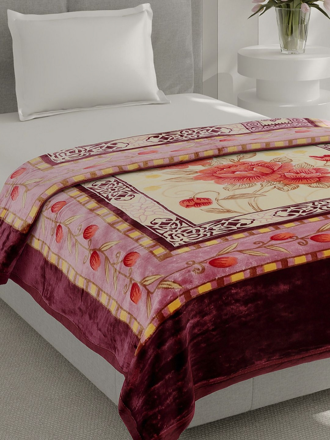 Monte Carlo Relation Plus Maroon & Pink Printed Heavy Winter Single Bed Blanket 483 GMS