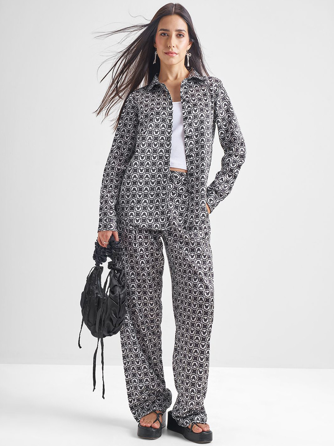 Tokyo Talkies Disney Mickey Mouse Logomania Printed Shirt Collar Shirt With Trousers