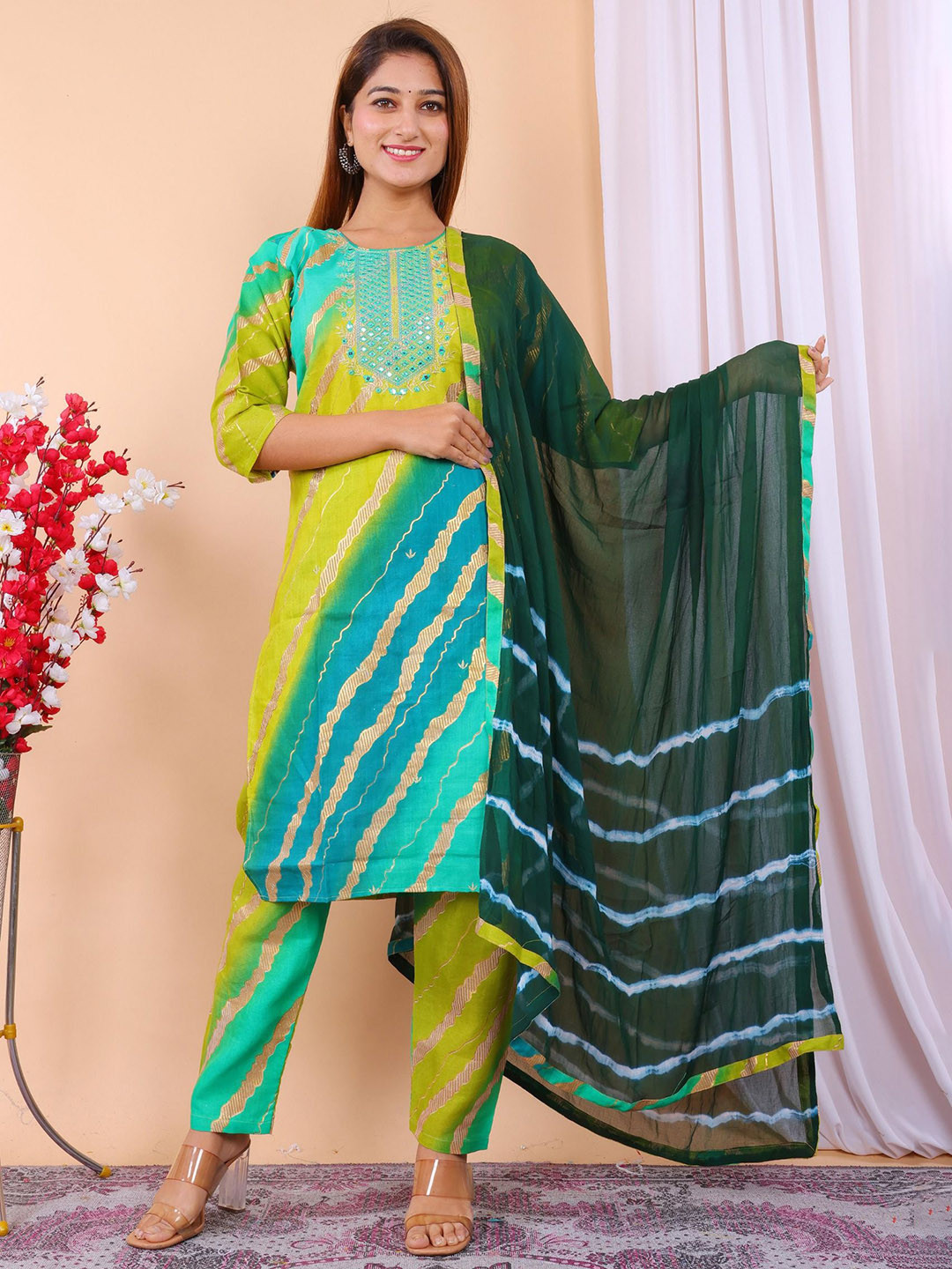 Parth S Fashion Women Leheriya Printed Kurta with Churidar & Dupatta