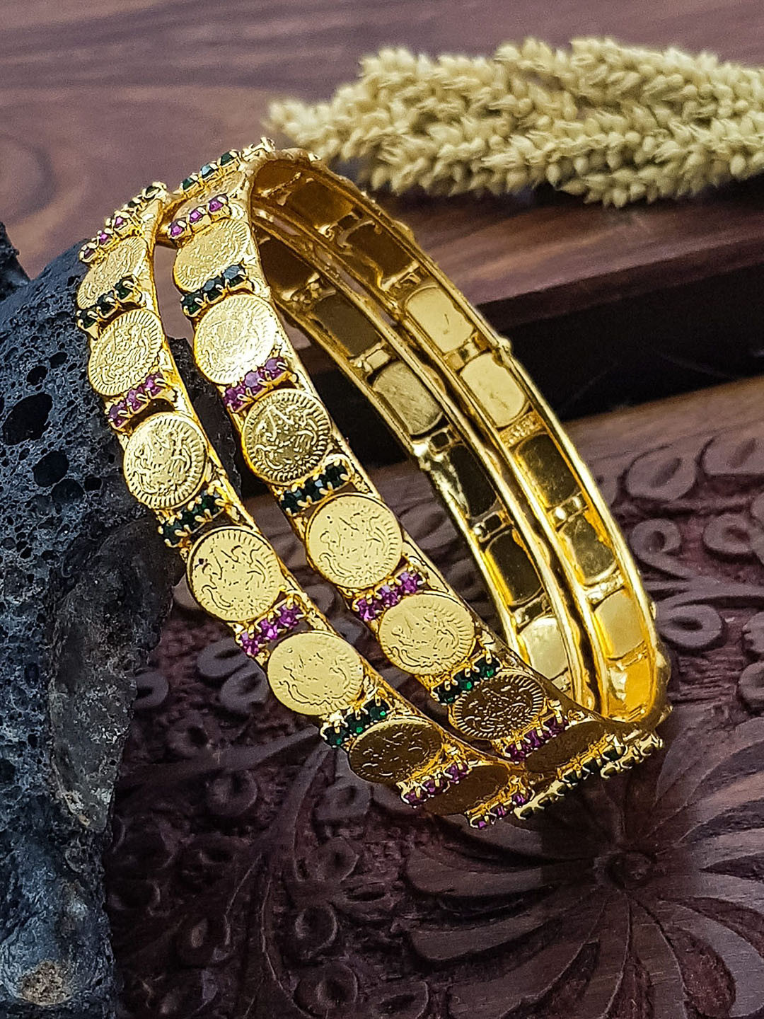 GRIIHAM 2Pcs Gold-Plated Kasu & Stone-Studded Bangles