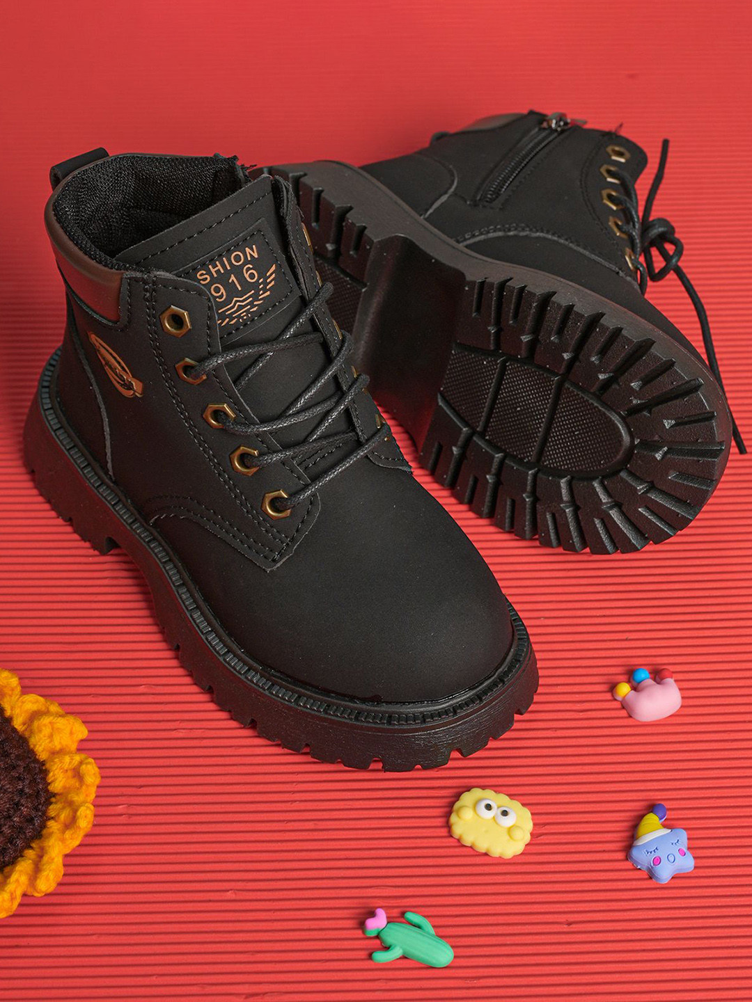 FEETWELL SHOES Kids Printed Round Toe Lace Ups Block heels Regular Boots