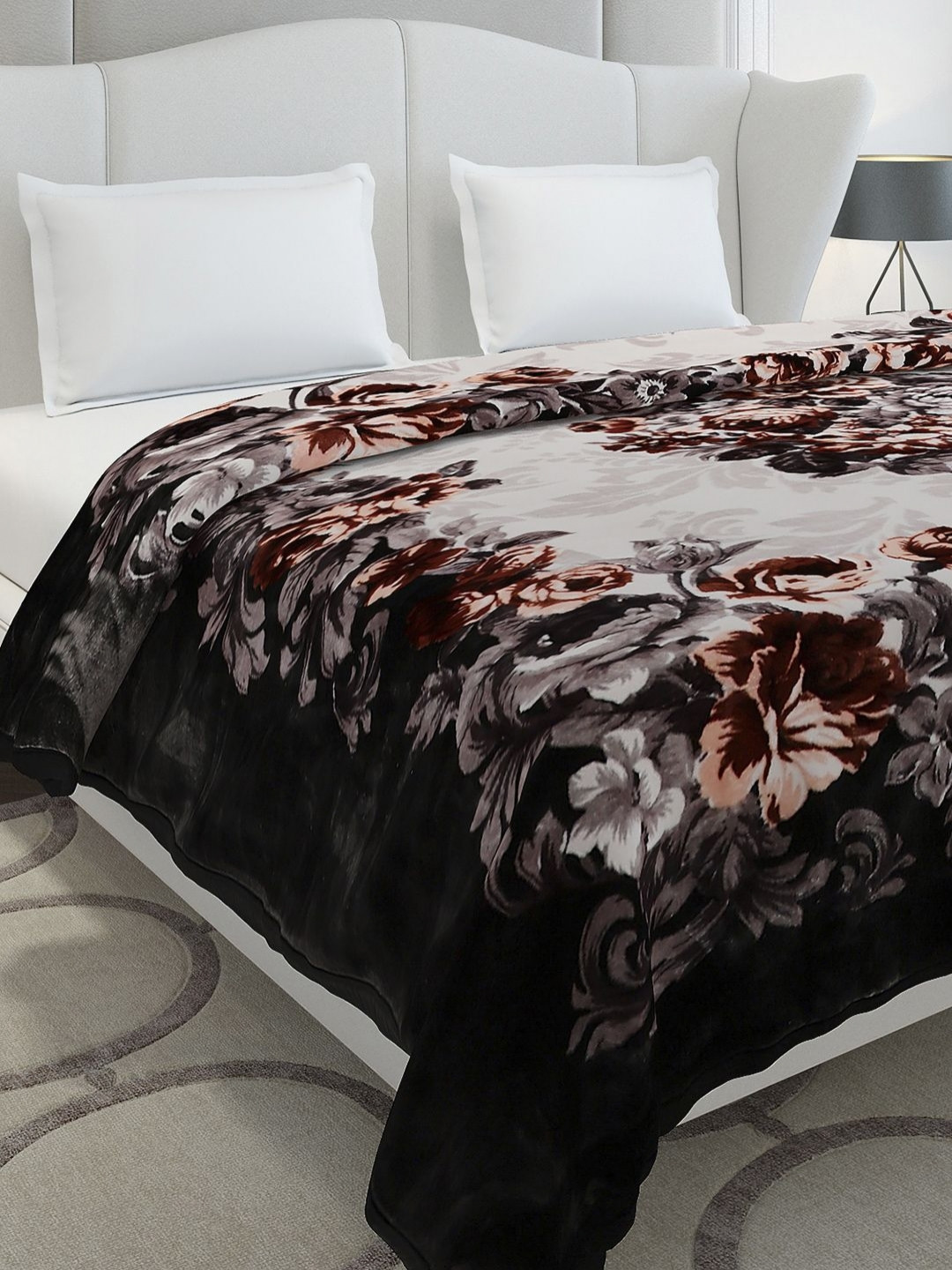 Monte Carlo Emilia Brown & Peach Colored Printed Heavy Winter Double Bed Blanket 1042 GSM
