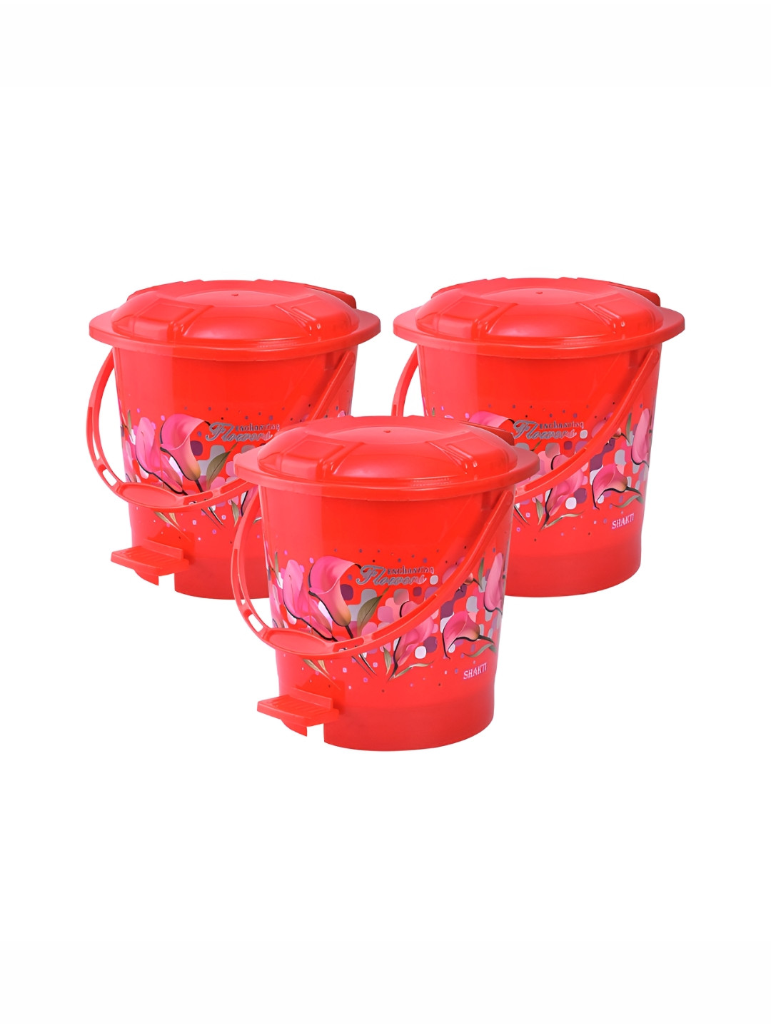 Aura 3 Pieces Red & Pink Floral Printed Pedal Bins With Handle 7L Each